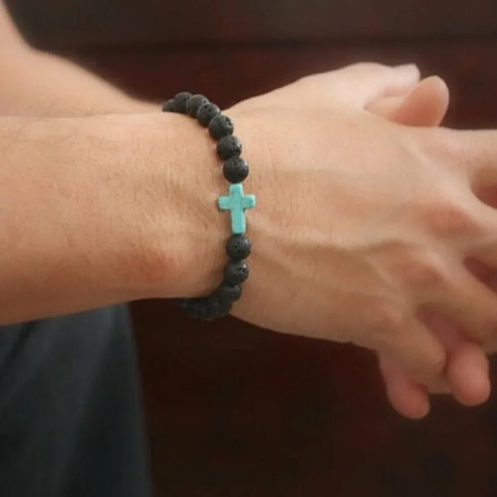 Turquoise Cross Black Lava Stone Beaded Bracelet 8mm Beads - Size 8 Inches
